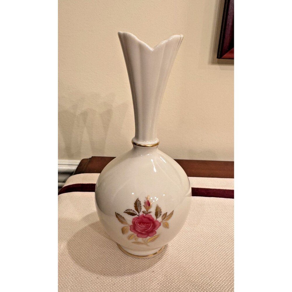 Lenox Vintage Rhodora Fine China 8'' Flower Vase P471 Pink Rose Gold Leaf